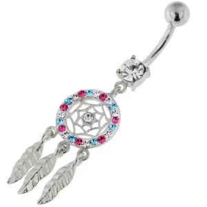 925 Sterling Silver Multi Jeweled Dream Catcher Navel Belly Bar