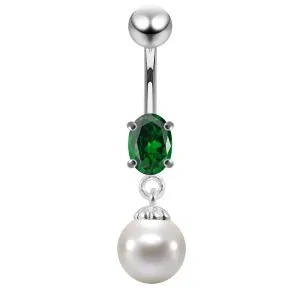 925 Sterling Silver CZ Jeweled with Dangling Pearl Belly Button Ring