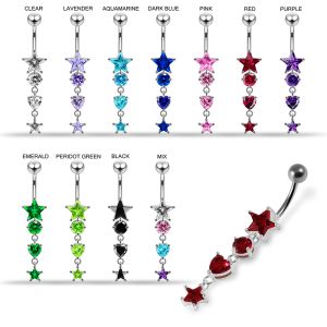 925 Sterling Silver Round Crystal Stone with Star and Heart Design Belly Button Ring