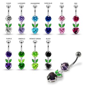 925 Sterling Silver CZ Crystal Stone With Leaf Joined Heart Dangling Belly Button Ring