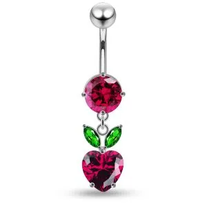 925 Sterling Silver CZ Crystal Stone With Leaf Joined Heart Dangling Belly Button Ring