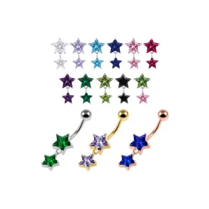925 Sterling Silver Double Star CZ Dangle Belly Button Ring | Titanium G23 or 316L Surgical Steel Bar
