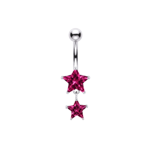 925 Sterling Silver Double Star CZ Dangle Belly Button Ring | Titanium G23 or 316L Surgical Steel Bar