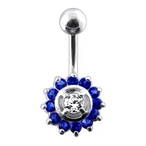 Fancy Silver Jeweled Sun Flower SS Curved Bar Belly Ring 