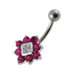 Fancy Traditional Flower Jeweled SS Bar Navel Ring Body Jewelry