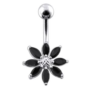 Silver Jeweled Flower With SS Curved Bar Belly Button Navel Ring