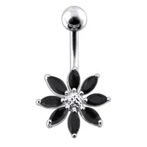 Silver Jeweled Flower With SS Curved Bar Belly Button Navel Ring