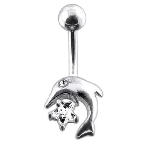 Jeweled Dolphin And Star Navel Ring