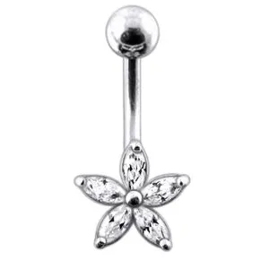 Single Color Jeweled Silver Flower With SS Curved Banana Belly  Ring PBN0255