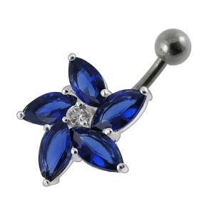 Jeweled Silver Flower With SS Curved bar Banana Belly Button Navel Ring PBN0579