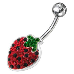 Fancy Red Jeweled Silver Strawberry Non-Moving Banana Bar Navel Ring