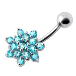 Silver Jeweled Flower Silver Titanium Bar Banana Navel Belly Ring