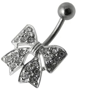 Fancy Silver Jeweled Butterfly Banana Bar Belly Ring
