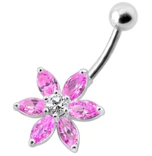 Flower Jeweled Silver Belly Ring