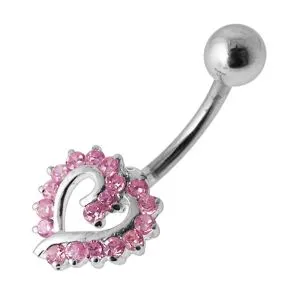 Fancy Multi Jeweled Heart Silver Navel Ring With 316L SS Banana Bar