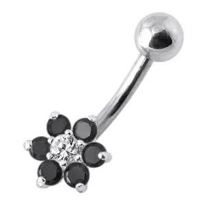14 Gauge Fancy Jeweled Flower Silver Banana Belly Ring