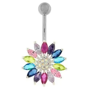 Fancy Jeweled Green Sunflower Silver Belly Ring