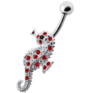 Jeweled Sea Horse Silver Navel Ring