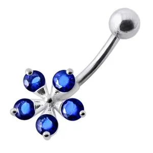 Jeweled Flower Silver Belly Ring With SS Curved Bar Body Jewelry 