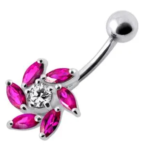 Jeweled Swirl Silver Belly Bar Body Jewelry