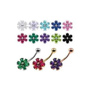925 Sterling Silver Six-Petal Flower CZ Belly Button Ring | Titanium G23 or 316L Surgical Steel Bar