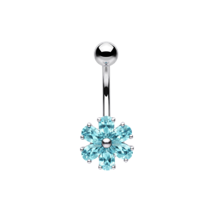 925 Sterling Silver Six-Petal Flower CZ Belly Button Ring | Titanium G23 or 316L Surgical Steel Bar