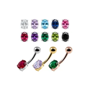 Technical measurement view of 925 Sterling Silver Petite Oval CZ Belly Button Ring showing 14G 1.6mm gauge, 10mm bar length, 5mm ball and 5mm x 7mm CZ stone