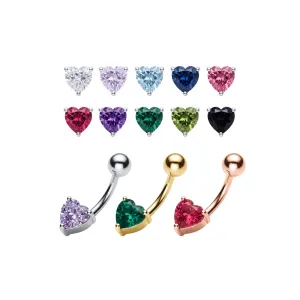 925 Sterling Silver Heart CZ Belly Button Ring | Titanium G23 or 316L Surgical Steel Bar