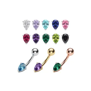 925 Sterling Silver Pear CZ Belly Button Ring | Titanium G23 or 316L Surgical Steel Bar