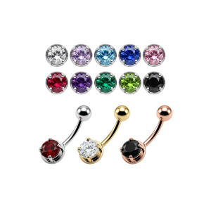 925 Sterling Silver Round Solitaire CZ Belly Button Ring with Titanium G23 or 316L Surgical Steel Bar