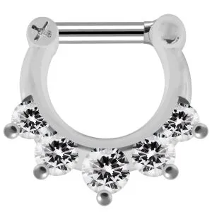 925 Sterling Silver 5 Paved Gems Septum Piercing
