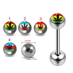 316L Surgical Steel 14G 14MM Threaded Straight Bar With marijuana Logo balls