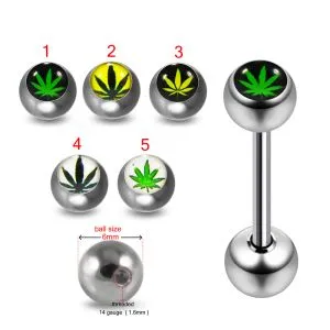 316L Surgical Steel 14G 14MM Threaded Straight Bar With Marijuana Design Logo balls