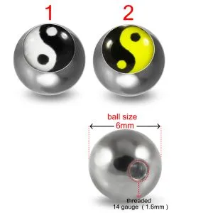 316L Surgical Steel 14G Threaded Ying Yang Logo balls
