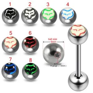 316L Surgical Steel 14G 14MM Threaded Straight Bar With Fox Logo balls
