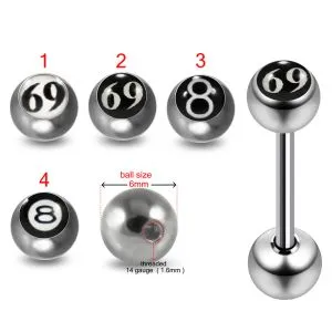 316L Surgical Steel 14G 14MM Threaded Straight Bar With Number Logo Balls
