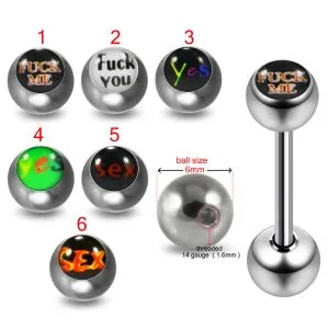 316L Surgical Steel 14G 14MM Threaded Straight Bar With Words Written Logo balls