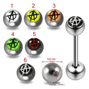 316L Surgical Steel 14G 14MM Threaded Straight Bar With Anarchy Symbol Logo balls
