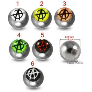 316L Surgical Steel 14G Threaded Anarchy Symbol Logo balls