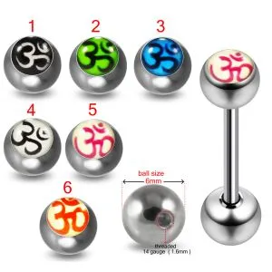 316L Surgical Steel 14G 14MM Threaded Straight Bar With Ohm Symbol Logo balls
