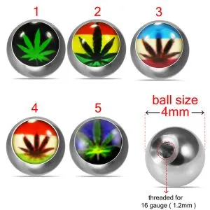 316L Surgical Steel 16G Threaded Marijuana Design Logo 4mm balls