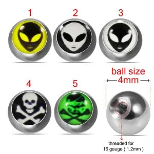 316L Surgical Steel 16G Threaded Alien Face Logo With 4mm balls