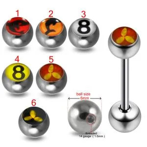 316L Surgical Steel 14G 14MM Threaded Straight Bar With Mix Fish and Pool 8 Logo balls
