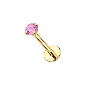 High-definition close-up of a 3mm VVS Grade Pink Lab Grown Diamond set in a 14K solid gold 16G labret.