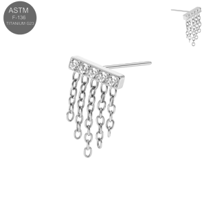 High-polish titanium push fit decorative piercing top with clear cubic zirconia bar setting and hanging triple chain accent.