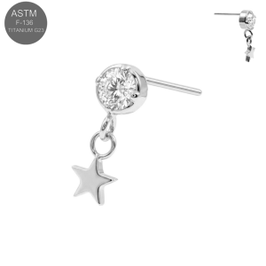 High-polish silver-colored plain ASTM F-136 titanium threadless decorative end with clear CZ and star dangle.