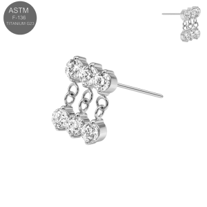 High-polish plain titanium threadless top with triple round CZ and chain dangles TST191.