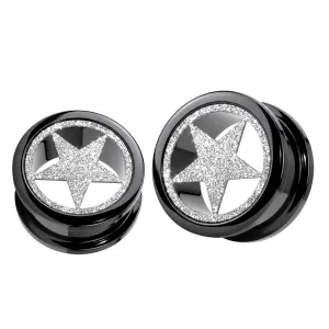PVD Black Plated with Steel Matt Star Motive Flesh Tunnels
