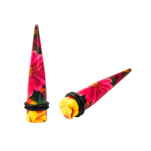 Red Abd Black Flower With Yellow Top  Straight Ear Expander Body Jewelry