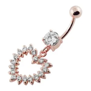 Jeweled Fancy Heart Silver Dangling Banana Bar Navel Belly Ring